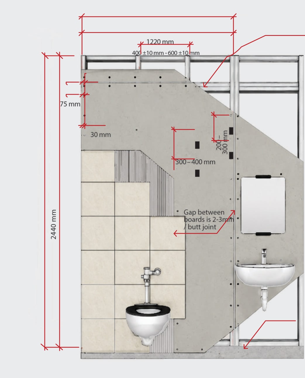 Cemtone’s dimensioned detail for wall underlay: ceramic tiles over the board on one side, a wall-hung pan and a basin fixed through it on the other, on a steel frame
